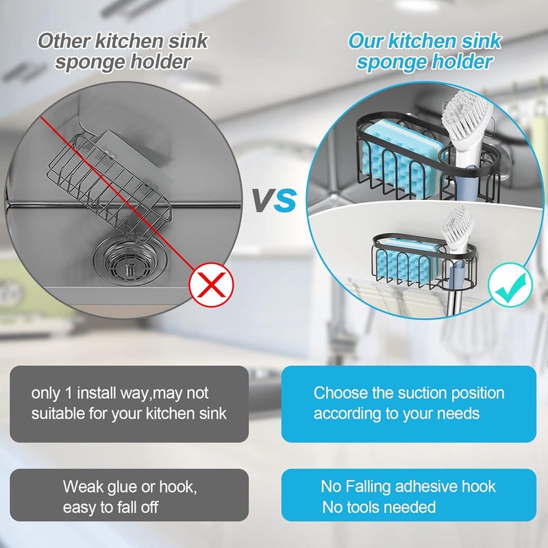Yazoni 2-in-1 Sponge Holder for Kitchen Sink, Suction Cup Sponge Rack Kitchen Caddy, No Drill Rustproof Sink Organizer Holder for Place Dishwashing Brush Soap (Black) - Image 3